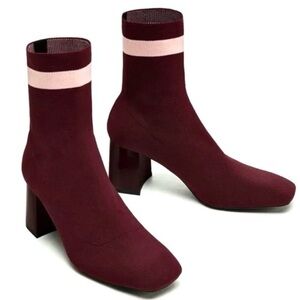 Zara Trafaluc Burgundy Sock Ankle Heeled Square Toe Boots Size 39
